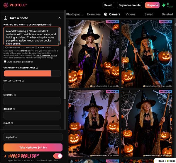The image displays a user interface for a photo generation tool featuring Halloween-themed prompts and examples.