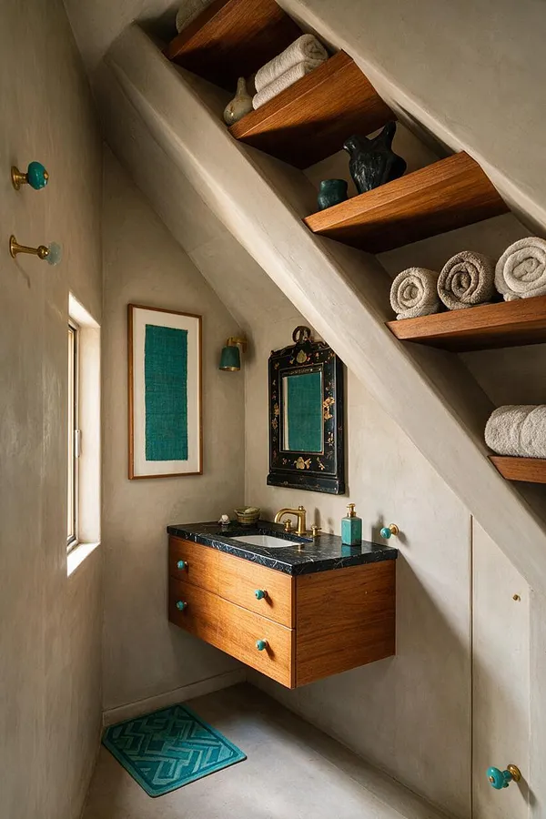 A small eclectic powder room tucked under a sloped ceiling, featuring a floating walnut vanity with a black stone countertop, brass faucet, and turquoise hardware. Open wooden shelves hold rolled towels and decorative vessels, while a framed teal artwork, patterned mirror, and matching teal accessories add color against soft plaster walls.