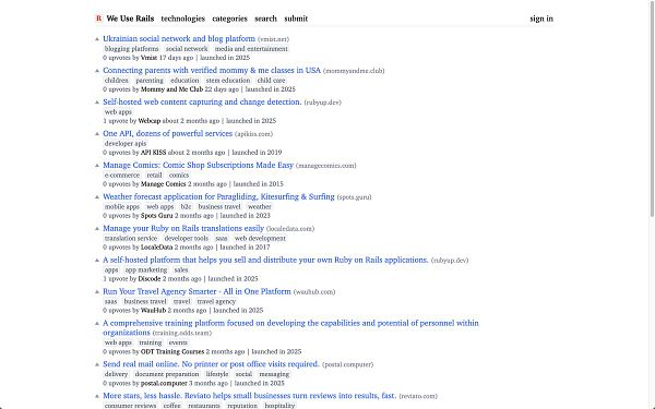 The image displays a webpage listing various projects related to the We Use Rails community.