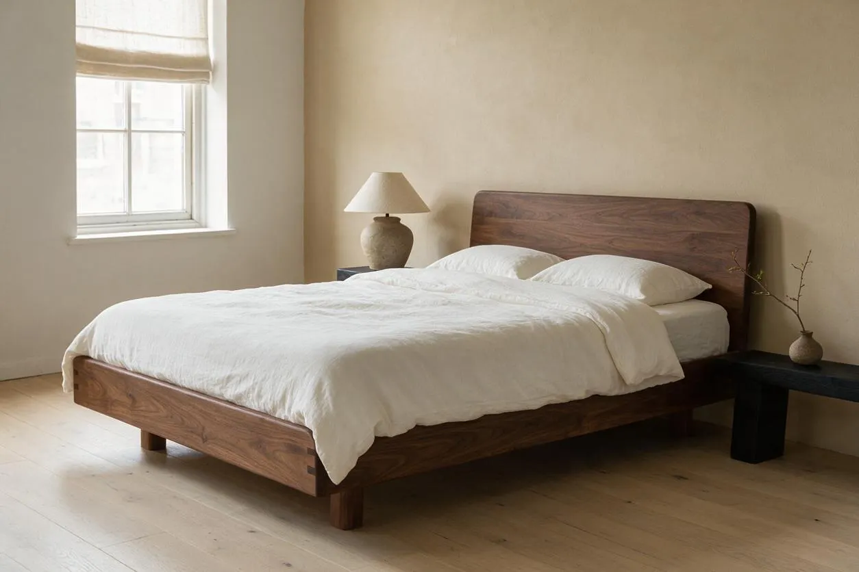A serene Japandi bedroom with a low walnut bed, white bedding, and a simple ceramic table lamp beside a pale wall. Light wood flooring, a linen window shade, and a dark side bench with a small vase complete the calm, minimal space.