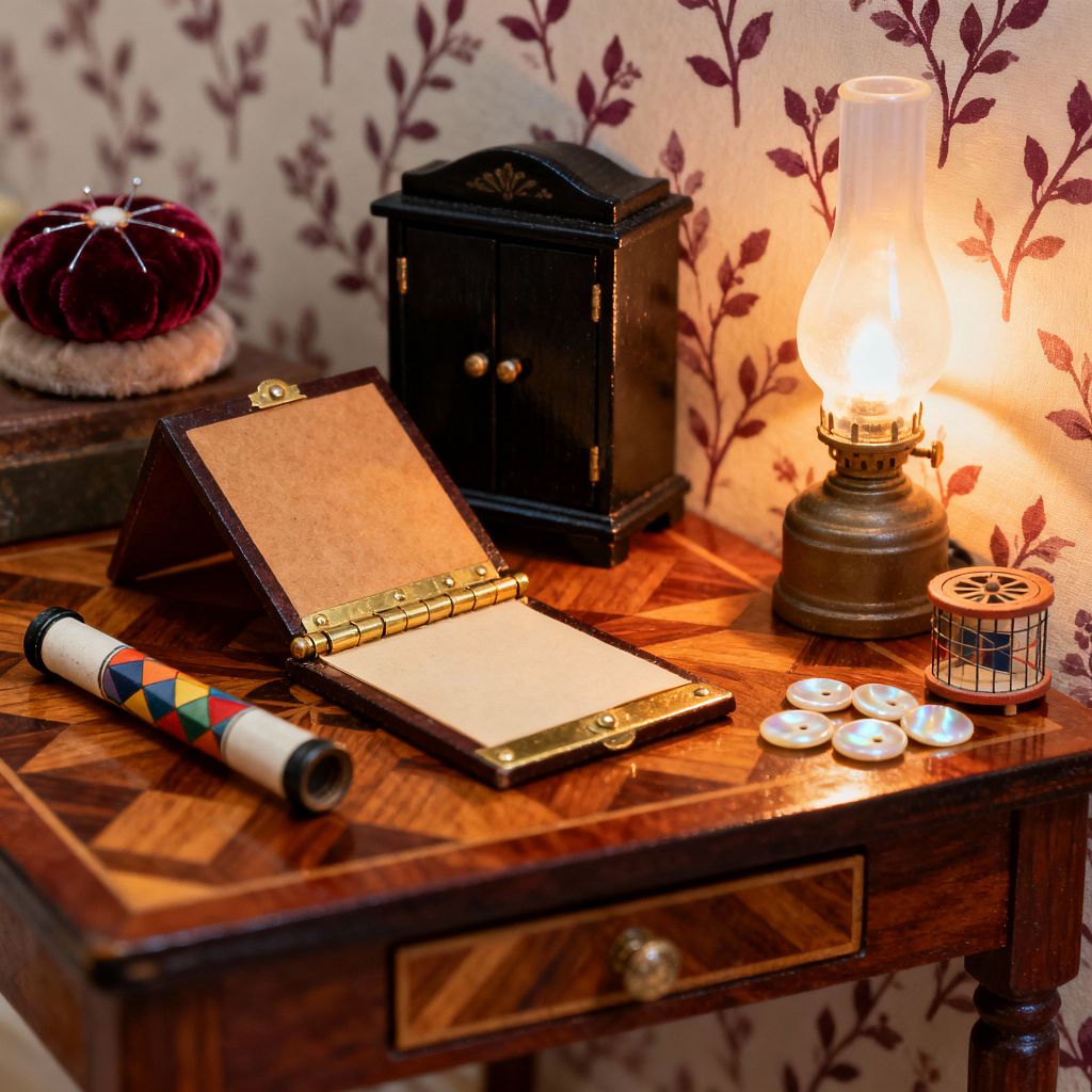 A cozy Victorian-style children’s desk scene features a small inlaid wood table with a single drawer, lit by a brass oil lamp with a glass chimney. On the desk sit a hinged notebook with brass fittings, a colorful kaleidoscope, a drum-shaped toy, and several pearly shell buttons. A velvet pincushion rests on a book, and a petite black cabinet stands behind. Cream wallpaper patterned with burgundy leaves frames the vignette in warm light.