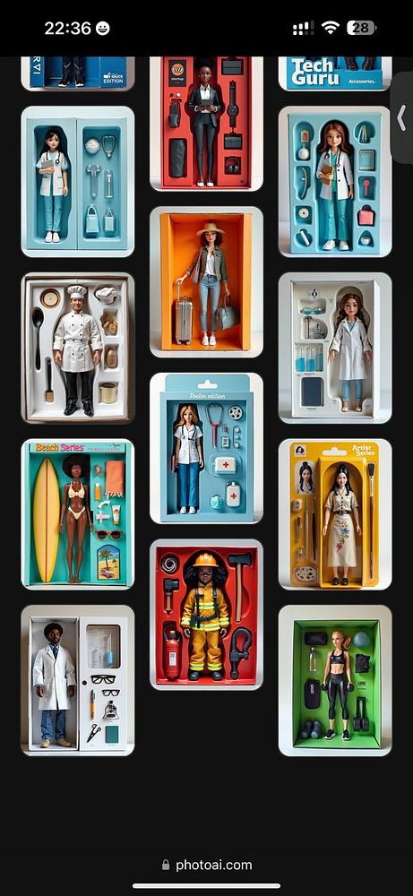 A collection of diverse action figures displayed in their packaging, showcasing various professions and themes.