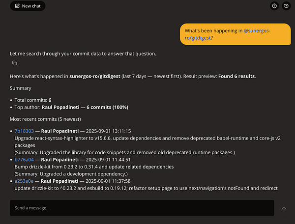 The image displays a chat interface showing recent commit activity for a Git repository.