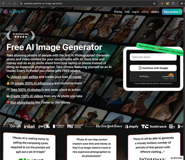 The image displays a webpage for a free AI image generator service, featuring various promotional elements and user interface components.