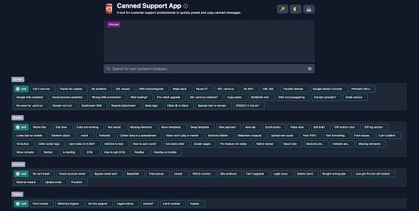 The image displays the interface of the Canned Support App, showcasing various preset messages for customer support tasks.