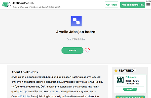The image displays a job board listing for Arvello Jobs, focusing on VR and AR job opportunities.