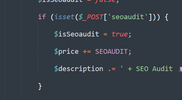 The image displays a snippet of PHP code related to an SEO audit feature.
