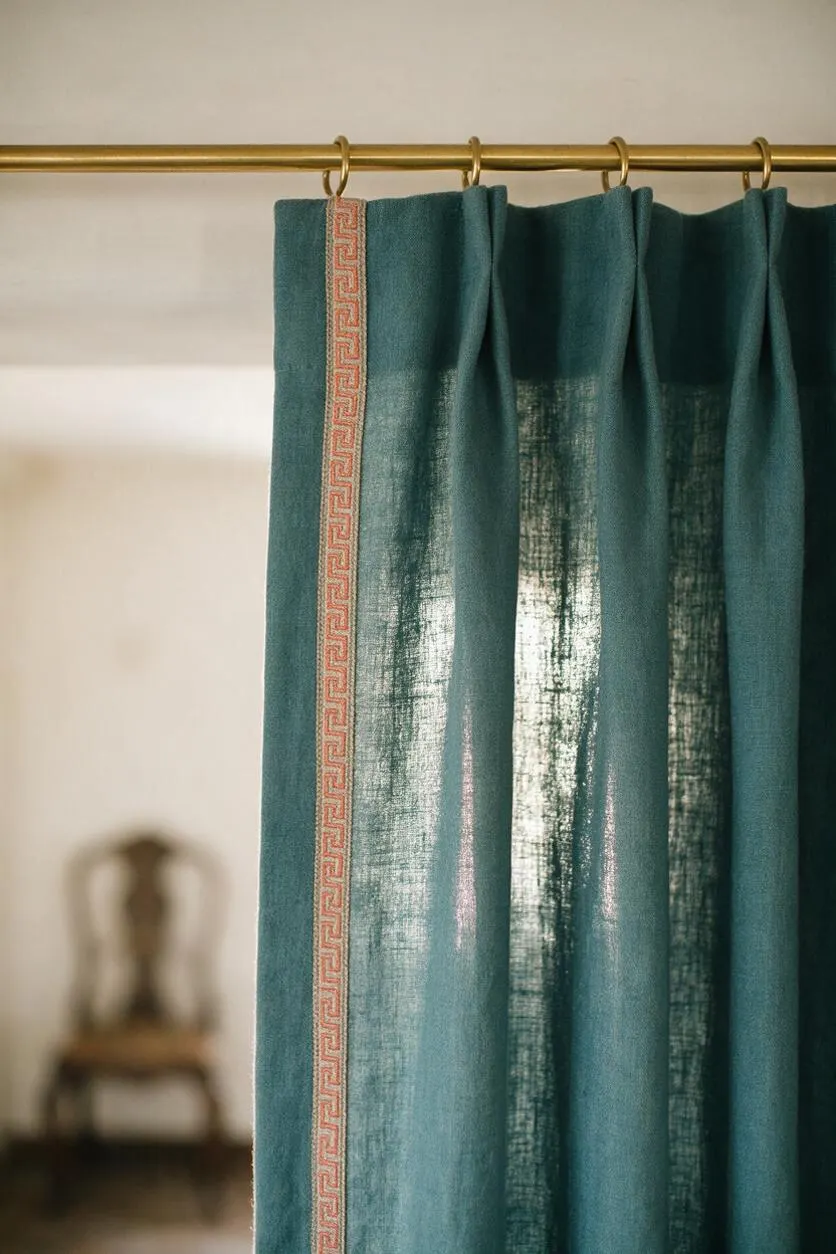 A close-up of teal curtains hanging from a brass rod with round rings. A narrow pink-and-cream Greek key trim runs vertically near the edge, while a blurred chair and pale wall appear in the background.