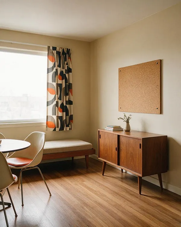 A bright studio apartment corner with a large window, patterned curtains in cream, charcoal, and orange, and light wood flooring. A low walnut sideboard stands against the wall beneath a square cork board, with a cushioned bench nearby and curved dining chairs partially visible in the foreground.