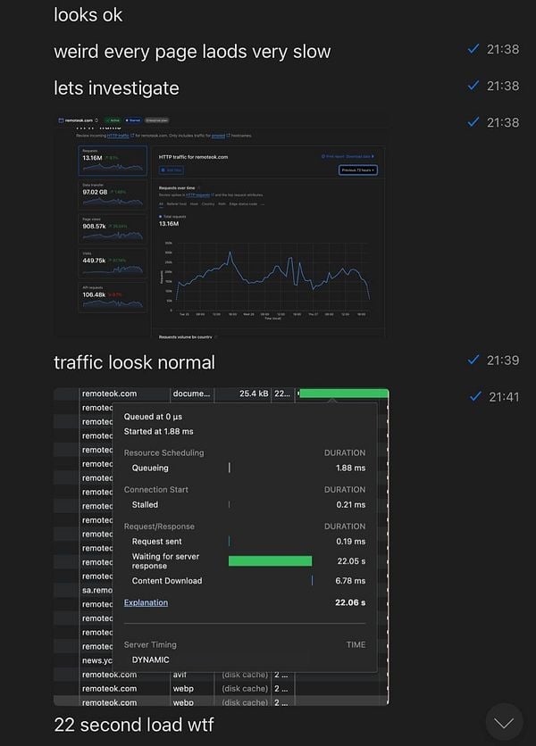 The image displays a technical analysis of website performance, highlighting slow page load times and HTTP traffic data.
