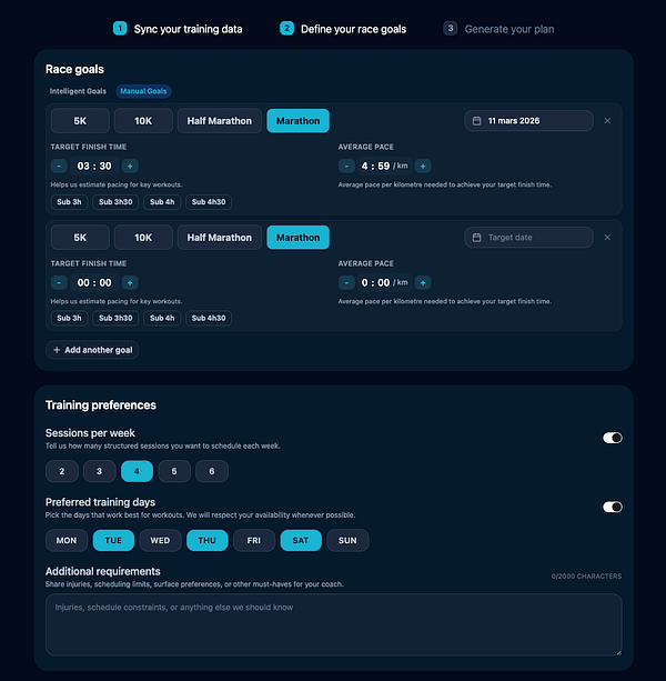 The image displays a user interface for setting race goals and training preferences for running events.