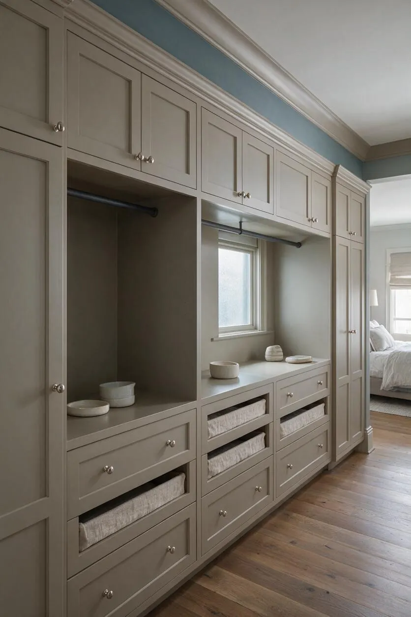 A spacious transitional closet with tall built-in cabinetry in a soft taupe finish, featuring paneled doors, drawers, open shelving, and hanging rods. A window brings in natural light, highlighting neutral storage bins and warm wood flooring.