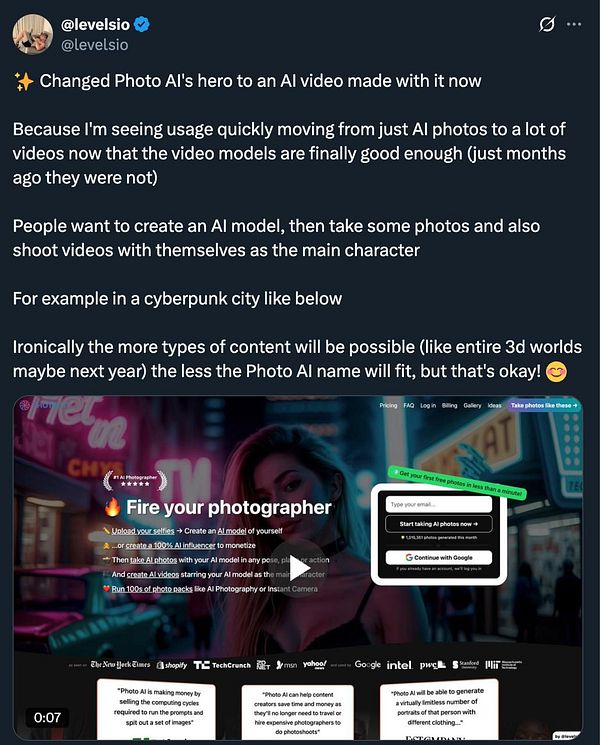 The image features a promotional interface for an AI photography service, showcasing a model in a cyberpunk setting.
