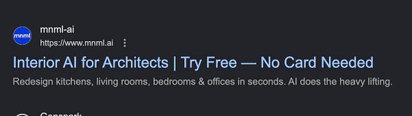 A Google Ads search ad for Interior AI by mnml-ai offering free trials for architecture design without needing a card.
