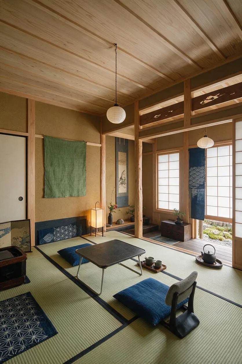 A serene Japanese Zen-style sunroom with tatami mats, low seating cushions, and a small dark table centered on the floor. Natural wood beams, shoji screens, hanging paper lanterns, and indigo textile accents create a warm, minimalist atmosphere with views to a small rock garden outside.