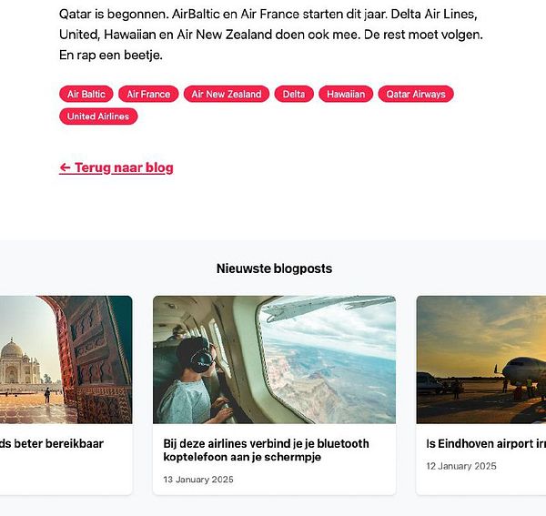 The image displays a blog interface featuring recent posts and a tag list for airlines.