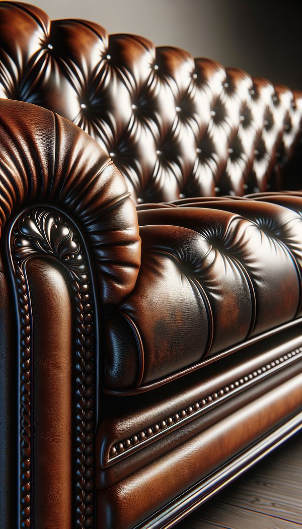 A close-up photograph of a luxurious leather sofa, highlighting the texture and sheen given by its finishing process.