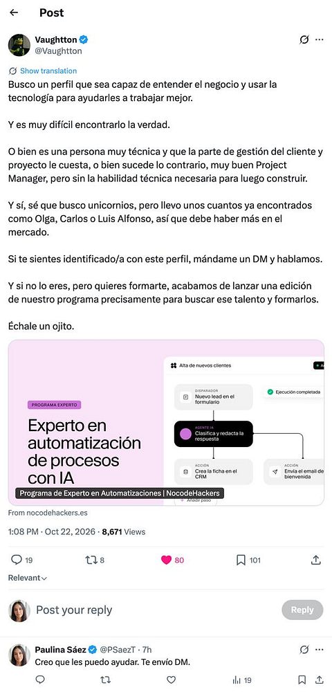 A Twitter post by user Vaughtton seeking a tech consultant with business understanding and technical skills, featuring a promotional image for an AI automation expert program by NocodeHackers.