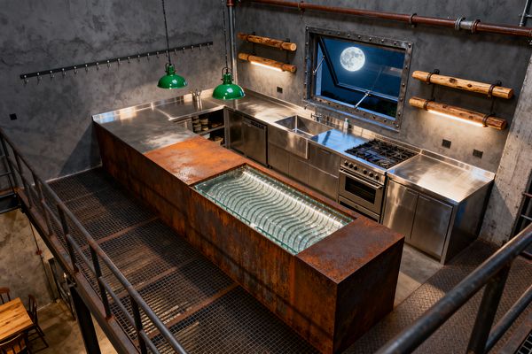 An industrial kitchen features L-shaped stainless-steel cabinetry and counters with a professional gas range, dishwasher, and integrated sink, facing a large corten-steel island with a rusted patina and a lit trough of stacked, wavy glass. The space has raw concrete walls, exposed piping, and a riveted metal window showing the moon outside; green factory pendants hang above, log-style wood shelves with integrated lights line the wall, and metal grating with black railings forms the surrounding mezzanine.