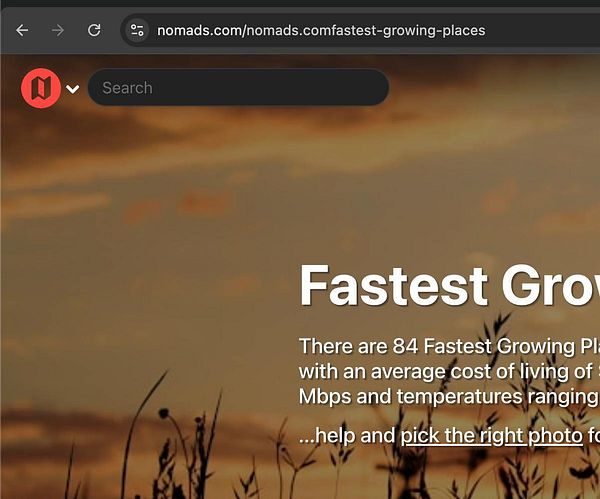 The image displays a webpage titled 'Fastest Growing Places' with a background of a sunset and text detailing living conditions.