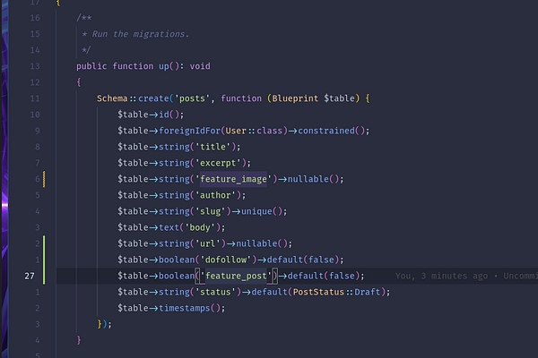 The image displays a code snippet for a database migration in PHP.