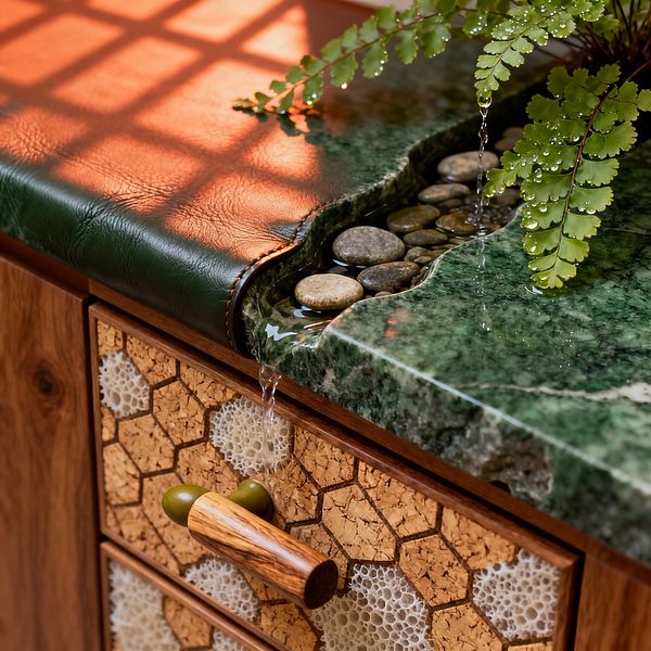 Close-up of a biophilic kitchen cabinet with a deep green marble countertop carved into a small channel holding water, smooth river pebbles, and a fern. Droplets sparkle as water drips over the edge. A stitched forest-green leather pad sits beside the stone. The drawers below are walnut with cork tiles featuring pale honeycomb-like resin inlays and a wooden handle tipped with olive green. Warm window light casts a grid of shadows across the scene.