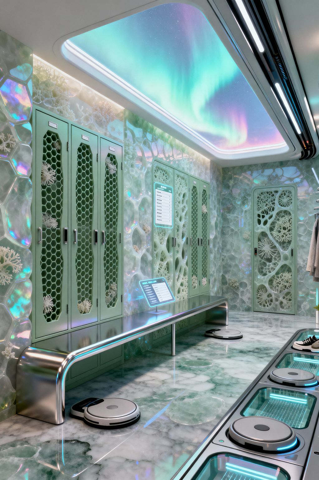A high-tech mudroom features mint-green lockers with honeycomb perforations set against iridescent, biomorphic wall panels, a long stainless-steel bench, and a glossy green-and-white marble floor with recessed, illuminated bays holding round robot devices. Overhead, a large ceiling lightbox displays an aurora borealis as linear LEDs cast a cool blue glow, with a touch screen on the bench and a small coat rail to the right.