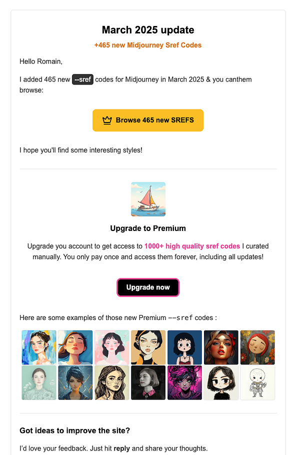 The image is an email update detailing new Midjourney Sref codes and a premium upgrade offer.