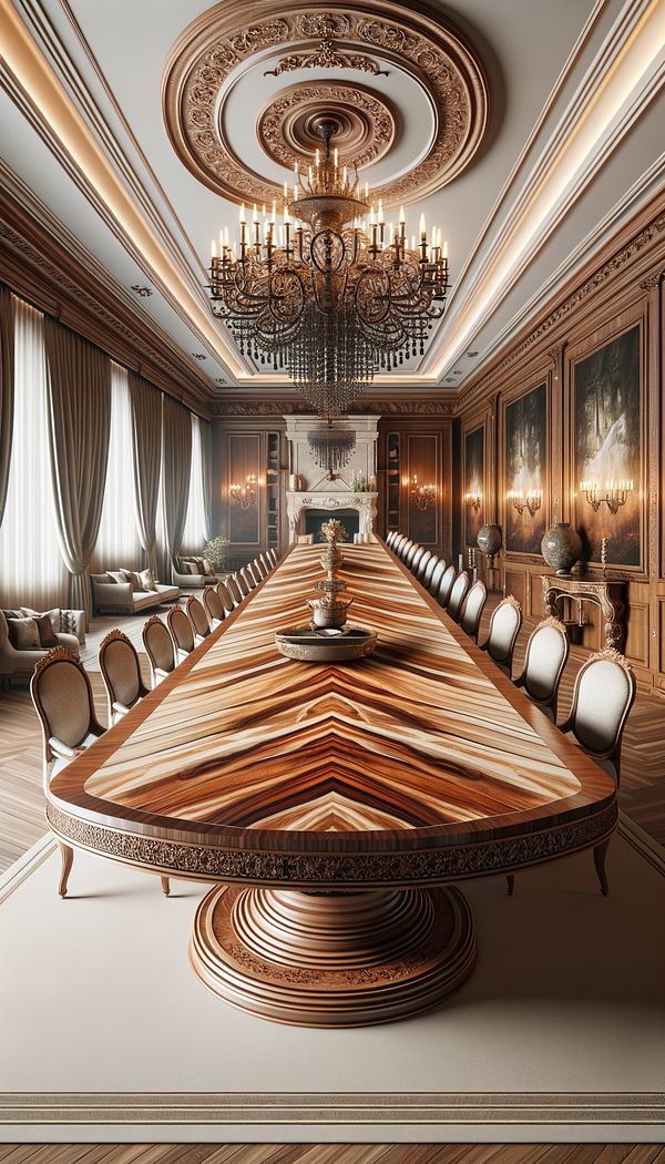A large, elegant dining room with a table showcasing a slip-matched veneer top, where the wood grains are visible running in the same direction across the entire surface.