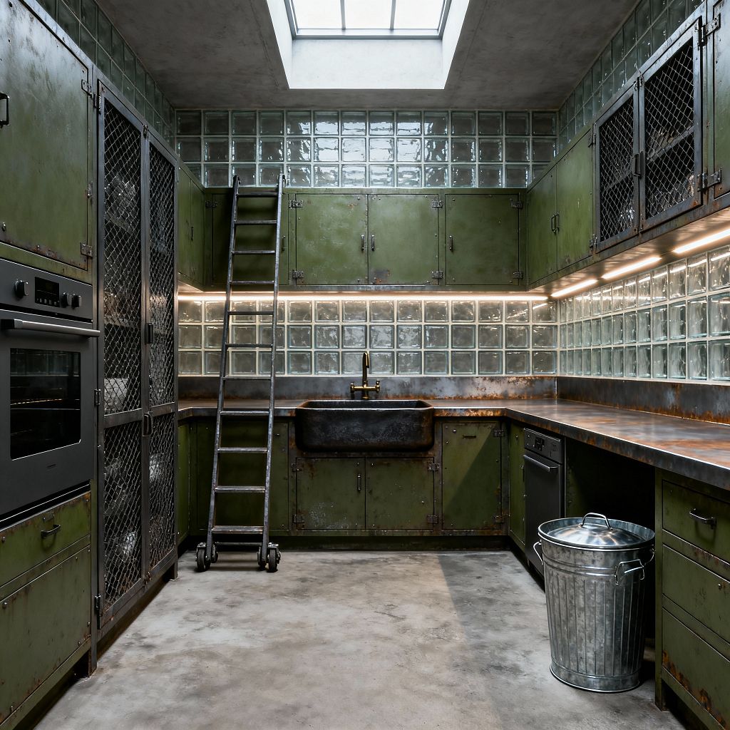 An industrial laundry room with olive-green, distressed steel cabinets and mesh doors arranged in an L-shape beneath a large skylight. Glass-block tiles wrap the backsplash and upper walls, reflecting warm under-cabinet LED lighting over patinated metal countertops. A deep blackened utility sink with a brass faucet, a rolling ladder, a concrete floor, and a galvanized bin complete the workshop-inspired space.