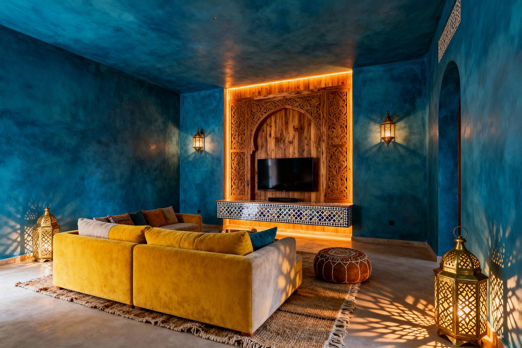 A Moroccan-style media room features deep cobalt-blue tadelakt walls and ceiling surrounding a carved wood arched TV wall with warm LED backlighting and a blue-and-white zellige tile console. A mustard velvet sectional sits on a fringed jute rug beside a cognac leather pouf, while brass pierced lanterns and wall sconces cast patterned light. The room includes an arched doorway and smooth neutral flooring, creating a cinematic, intimate atmosphere.
