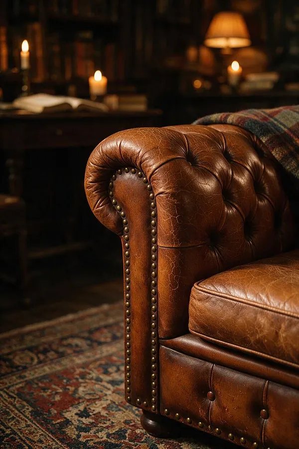 A close-up view of a brown tufted leather Chesterfield sofa arm in a dimly lit study. Brass nailhead trim, worn leather texture, and a patterned rug sit in the foreground, while candles, books, and a warm lamp glow softly in the background.