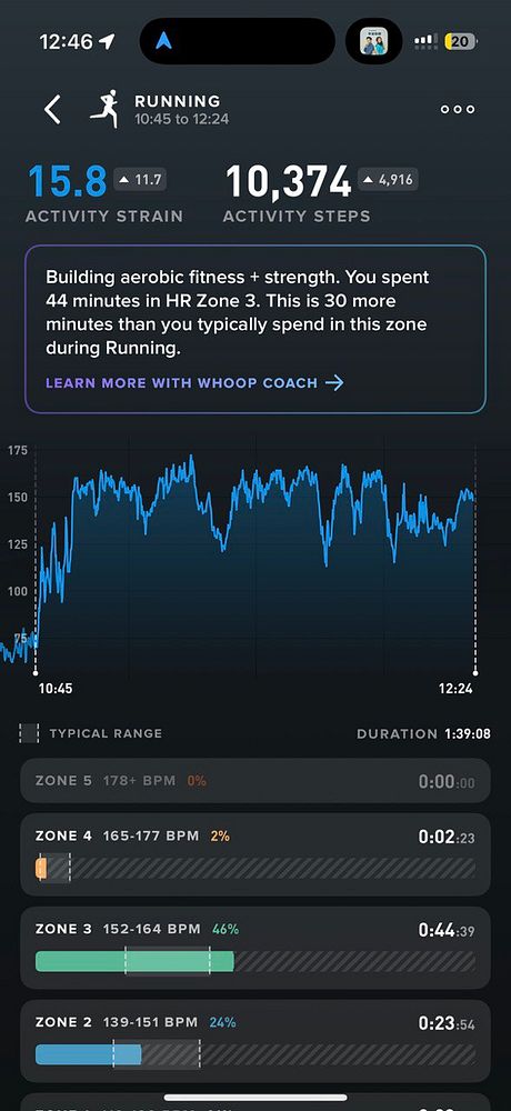The image displays a fitness tracking app interface showing detailed metrics from a trail run.