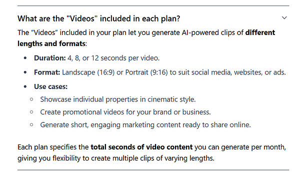 The image displays a section of text outlining the video generation features included in a plan.