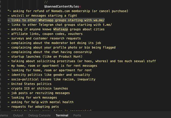 The image displays a terminal window showing a list of banned content rules for a platform.