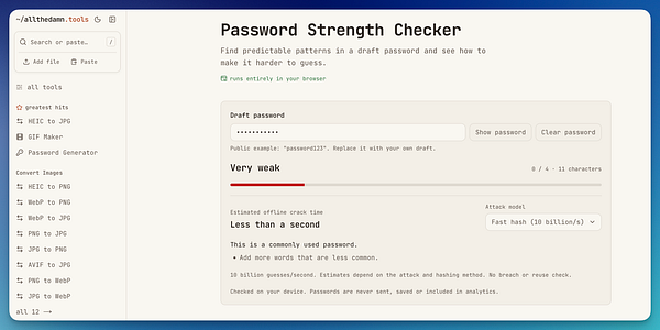Screenshot of a Password Strength Checker tool interface within a tool suite application.