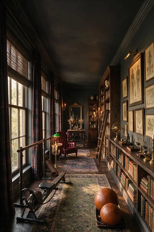 A narrow home gym styled like a dark academia library, with tall windows and plaid curtains on the left, a rowing machine near the foreground, vintage rugs along the dark wood floor, and wall-to-wall bookshelves on the right. The space includes framed anatomical prints, brass accents, a burgundy leather chair, and warm low lighting.