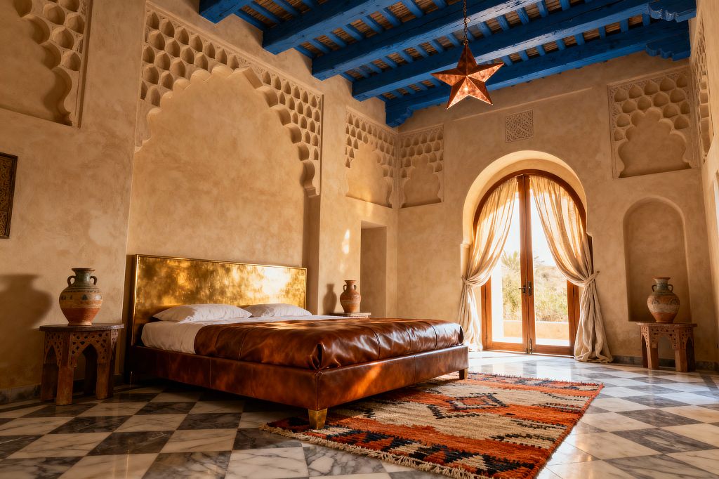 A Moroccan-style bedroom with sand-colored plaster walls carved into scalloped arches and muqarnas details, cobalt blue exposed ceiling beams, and a copper star pendant light. A low platform bed in cognac leather stands before a hammered brass headboard on gray-and-white marble checkerboard floors. An orange-and-cream Berber rug, carved wooden side tables topped with terracotta vases, and arched wooden doors with sheer linen curtains complete the sunlit space.