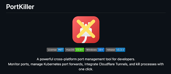 GitHub repository webpage for 'port-killer' project showing code file and project details.