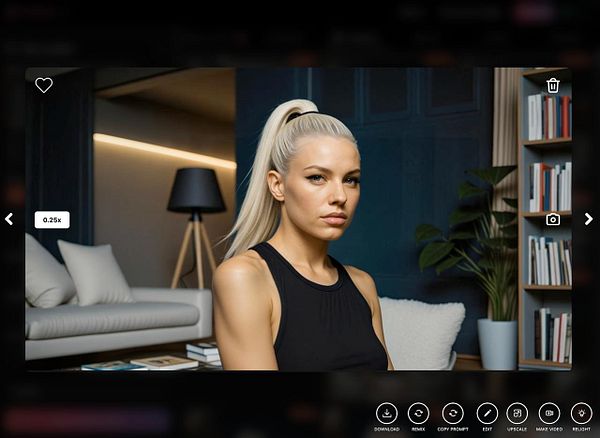 A woman with long, straight blonde hair is seated in a modern interior, showcasing a calm expression.