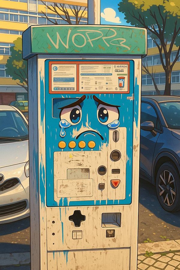 A whimsical parking meter in Lisbon with a sad face and graffiti.