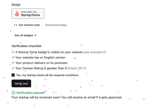 The image displays a verification interface for a Startup Fame badge.