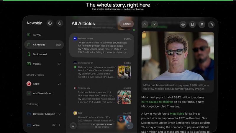 Screenshot of Newsbin: RSS Feed Reader