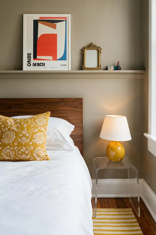 A cozy eclectic master bedroom with a wooden headboard, white bedding, and a mustard patterned accent pillow. Above the bed, a floating shelf holds colorful artwork and a small gilded mirror, while a clear acrylic side table supports a yellow lamp beside a striped rug.
