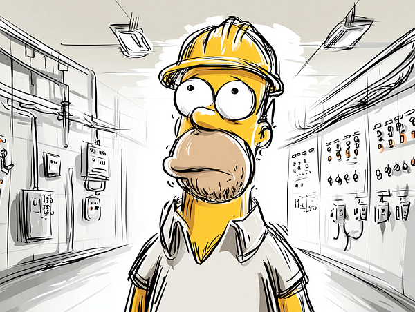 A cartoon character resembling a construction worker stands in an industrial setting.