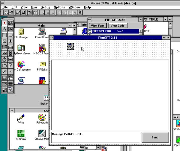The image displays a Microsoft Visual Basic design interface for creating an application named PietGPT 3.11.