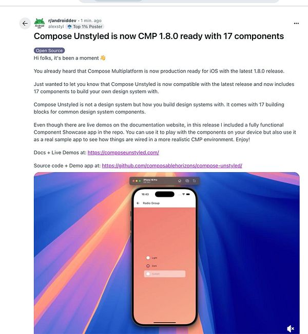 The image features a mobile app interface showcasing a 'Radio Group' component with options for light, dark, and system themes.
