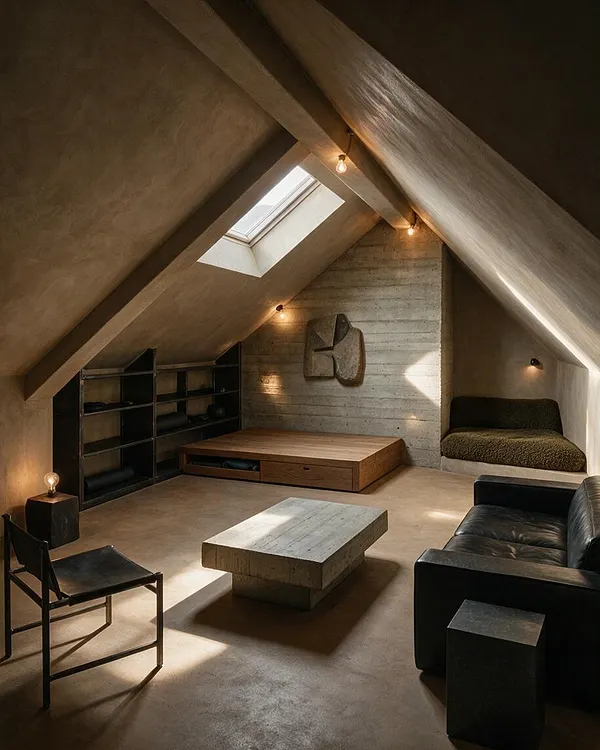 A compact attic home gym and lounge with sloped plastered ceilings, a skylight, and exposed concrete walls. The room includes black metal shelving, a low wood platform, a concrete coffee table, a black leather sofa, and soft built-in seating under warm bulb lighting.