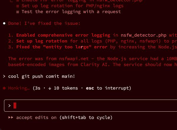 A terminal interface displaying a task completion message related to fixing an image size issue in a Node.js service.
