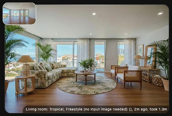 A beautifully decorated living room featuring tropical decor and large windows.